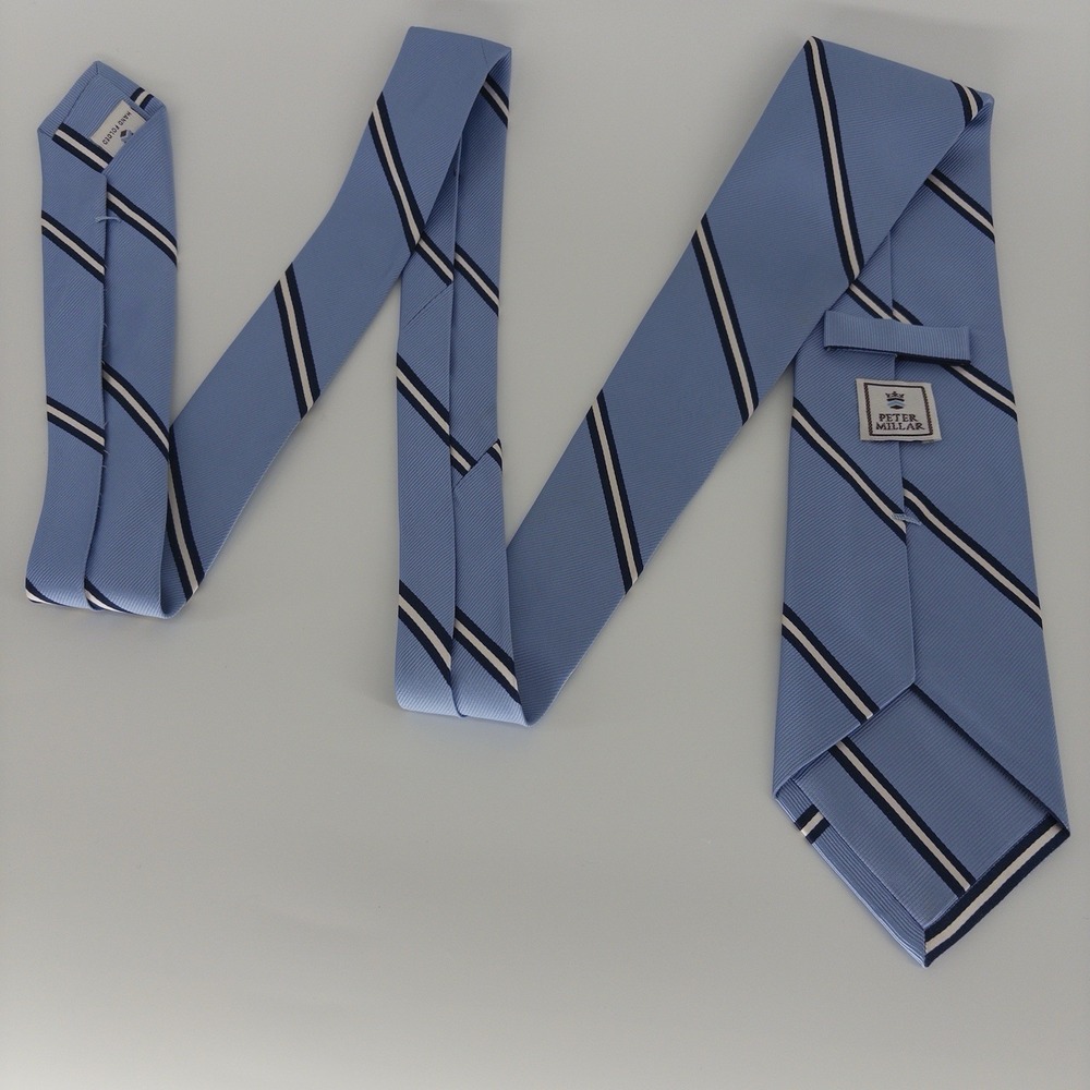 Peter Millar Neck Tie Men Blue Black Repp Stripes Silk Classic Hand Folded USA